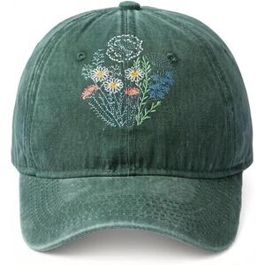 Unisex Green Colourful Flower 100% Polyester Embroidered Adjustable Baseball Cap